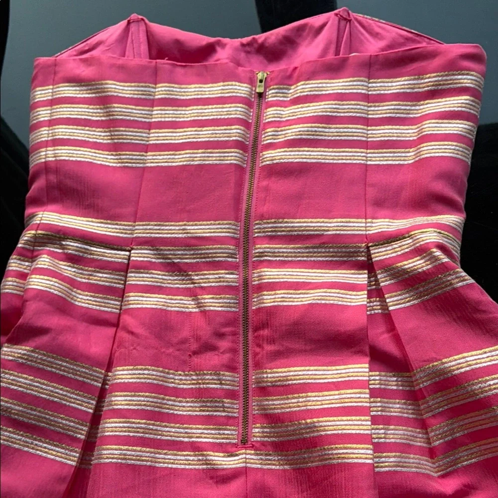 Lily Pulitzer Pink Strapless Dress with Metallic Gold Stripe and Gems - Picture 6 of 7